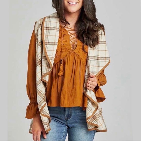 Altar'd State Jackets & Blazers - Altar’d State Clinton Brown Cream Plaid Waterfall M Vest